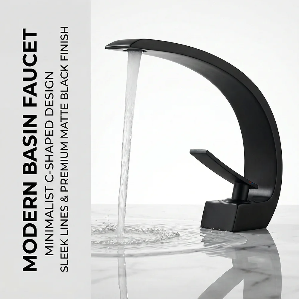 Silicone Tap Washer - ก๊อกน้ำห้องน้ำสีดำด้าน, ก๊อกน้ำอัลลอยด์อะลูมิเนียมทรง C แบบทันสมัย, ก๊อกผสมอ่างล้างหน้าแบบก้านโยกเดี่ยว, ติดตั้งบนเคาน์เตอร์,