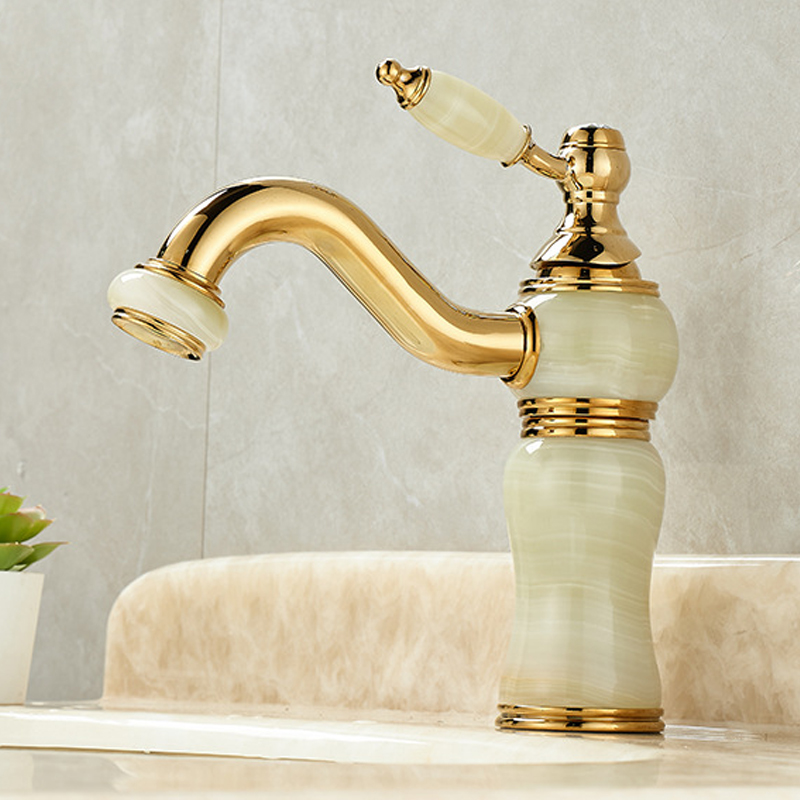 Basin Mixer Cartridge - ก๊อกน้ําห้องน้ําทองเหลืองและหยกหรูหรา - ก๊อกผสมอ่างล้างจานสีทองสําหรับอ่างล้างหน้า ตลับเซรามิกป้องกันการรั่ว ติดตั้งง่าย ผิวมันเงา